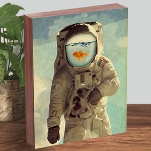 Astronaut Art Goldfish Art Collage Art Astronaut Print Wood Block Art Print image 1