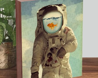 Astronaut Art - Goldfish Art - Collage Art - Astronaut Print -  Wood Block Art Print