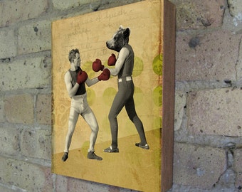 Bear Art - Boxing Art - Bear Fight - Chuck Battles the Bear - Wood Block Art Print