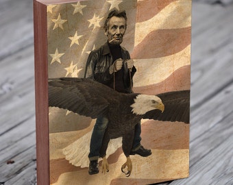 Abraham Lincoln Riding a Bald Eagle - Eagle Art - American - Abe Lincoln - Wood Block Wall Art Print
