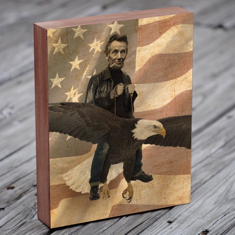 Abraham Lincoln Riding a Bald Eagle Eagle Art American Abe Lincoln Wood Block Wall Art Print image 1