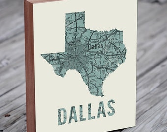 Dallas Art - Dallas Map - Dallas Texas - Wood Block Art Print