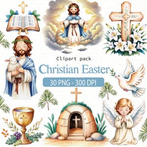 Pode incluir: Pacote de clipart em aquarela com temas da Páscoa cristã. Inclui imagens de Jesus, um cordeiro, uma pomba, uma cruz, um livro aberto, um cálice, um anjo e um túmulo vazio. O texto "Christian Easter" é exibido em azul.