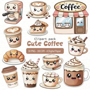 Pode incluir: Uma coleção de ilustrações de clip art com tema de café. As imagens incluem uma cafeteria, xícaras de café, uma cafeteira, um croissant e uma fatia de torta. O texto "Cute Coffee" é exibido no centro da imagem.