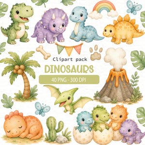 Peut inclure: Un pack de cliparts numériques présentant des illustrations à l'aquarelle de divers dinosaures, un volcan, un palmier, un cactus, un arc-en-ciel et des papillons. Le texte indique Clipart pack DINOSAURS 40 PNG - 300 DPI sur fond texturé.