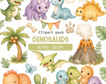 Dinosaur Clipart Bundle Watercolor PNG | Cute Baby Dinosaurs | Dinosaur Nursery Decor | Dino Birthday Party Instant Download, Commercial Use