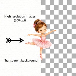 May include: A digital illustration of a ballerina with brown hair in a bun, wearing a pink tutu, a matching bodice, and a gold tiara. The ballerina is in a dance pose with arms extended. The image includes the text High resolution images (300 dpi) and Transparent background.