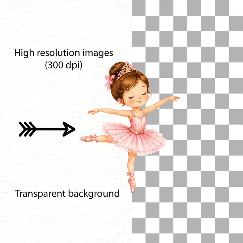 May include: A digital illustration of a ballerina with brown hair in a bun, wearing a pink tutu, a matching bodice, and a gold tiara. The ballerina is in a dance pose with arms extended. The image includes the text High resolution images (300 dpi) and Transparent background.