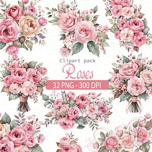 Pode incluir: Uma coleção de buquês de rosas em aquarela em tons de rosa, pêssego e creme, com folhagem verde. A imagem inclui o texto "Clipart pack Roses 32 PNG - 300 DPI".