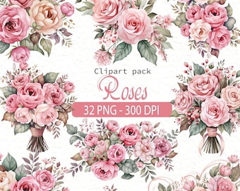 May include: A collection of watercolor rose bouquets in shades of pink, peach, and cream, with green foliage. The image includes the text "Clipart pack Roses 32 PNG - 300 DPI".