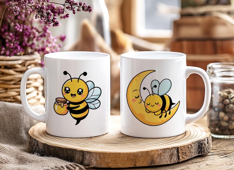 May include: Two white ceramic mugs with bee-themed designs. One mug features a cartoon bee holding a honey pot. The other mug shows a bee sleeping on a crescent moon. Both mugs have a white handle.