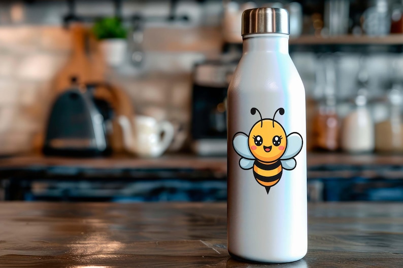 May include: A white insulated water bottle with a silver lid, featuring a cartoon bee design. The bee is yellow and black with blue wings. The bottle is on a wooden surface.