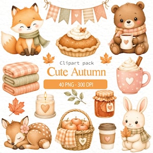 Pode incluir: Uma coleção de clipart digital com ilustrações em aquarela de uma raposa, um urso, um cervo e um coelho com acessórios de outono, incluindo uma torta, uma cesta de maçãs, uma vela, um pote, canecas, cobertores e folhas com o texto Cute Autumn.