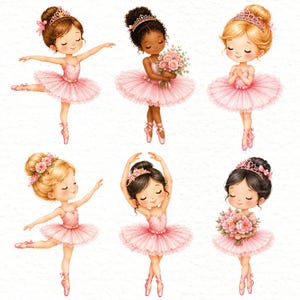 May include: Six illustrations of young ballerinas wearing pink tulle tutus, leotards, and ballet slippers. The figures feature various hairstyles, some with tiaras or floral hair accessories, and two hold bouquets of pink roses in their hands.