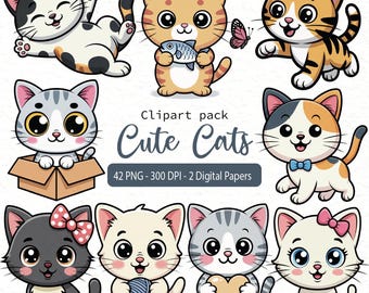 Cute Cat Clipart Set | Cartoon Kitty PNG Illustrations | Adorable Cat Faces and Poses | Pet Art for Stickers, Planners and Scrapbooking