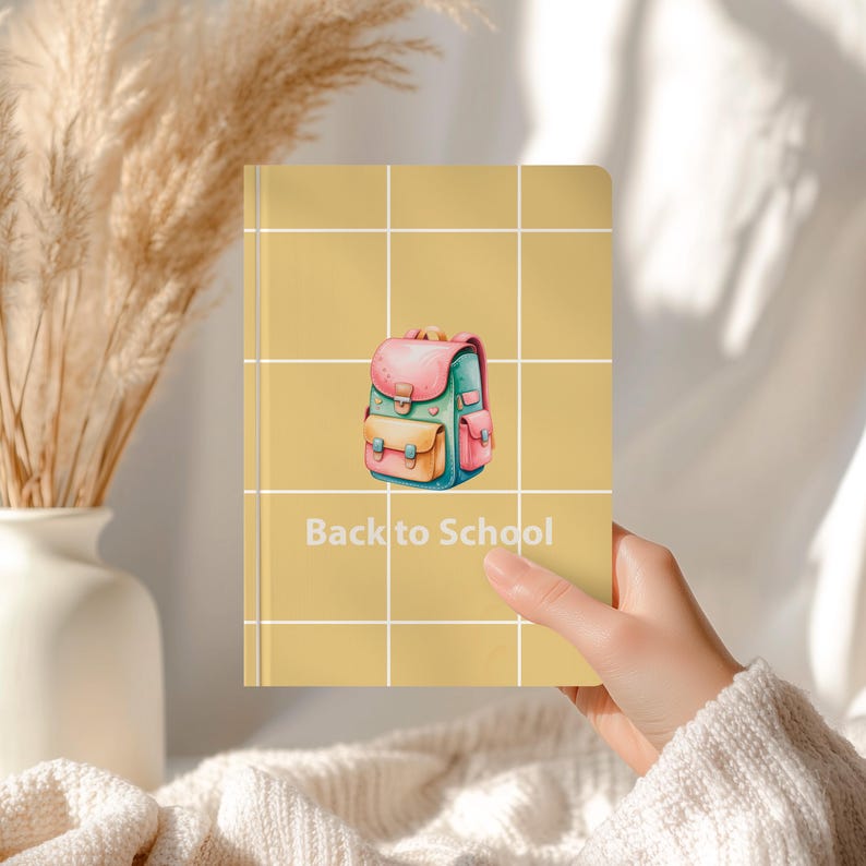 Puede incluir: Un cuaderno con un patr&oacute;n de cuadr&iacute;cula amarilla y una ilustraci&oacute;n de acuarela de una mochila. La mochila es rosa, turquesa y amarilla. El texto "Back to School" est&aacute; impreso en el cuaderno.