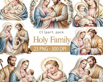 Könnte beinhalten: Ein digitales Clipart-Paket mit Illustrationen der Heiligen Familie, einschließlich Maria, Josef und dem Jesuskind. Die Sammlung enthält 23 PNG-Dateien mit 300 DPI und zeigt verschiedene Szenen der Familie mit Heiligenscheinen und Blumen.