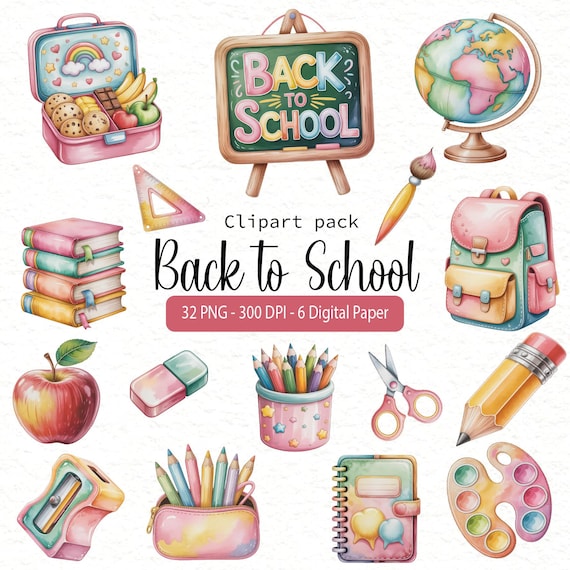 Back to School Watercolor Clipart | Cute School Supplies PNG | Teacher Planner Stickers | Classroom Art, Stationery, Digital Download