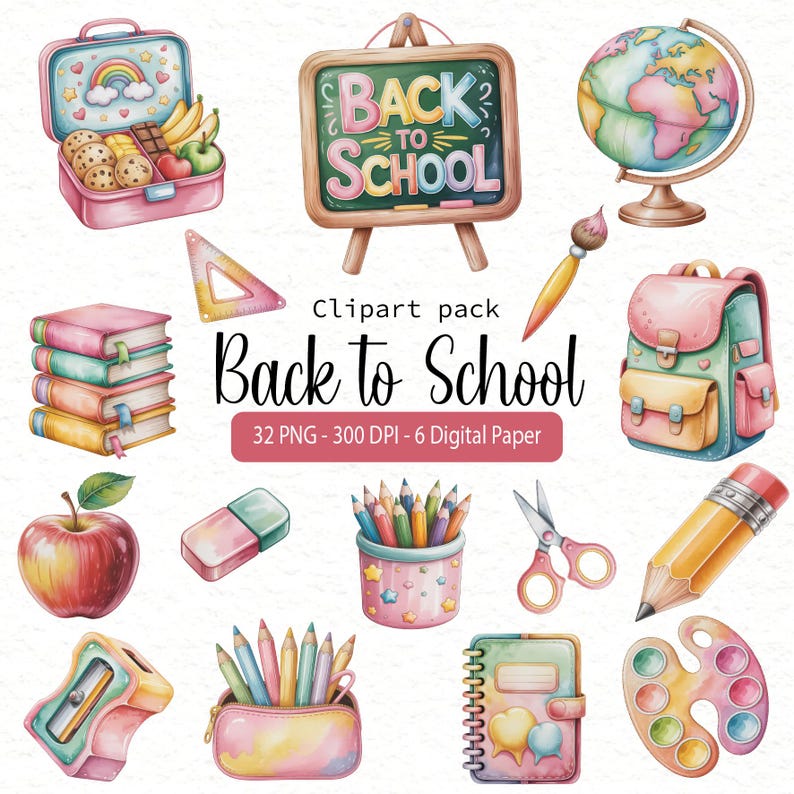 Puede incluir: Ilustraci&oacute;n en acuarela de &uacute;tiles escolares, incluyendo una lonchera, libros, un globo terr&aacute;queo y l&aacute;pices. La imagen incluye el texto "Back to School" y "Clipart pack". La paleta de colores es suave y pastel.