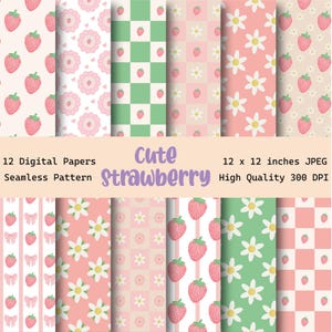 Pode incluir: Doze papéis digitais com padrões contínuos, apresentando morangos, margaridas, laços e desenhos xadrez em rosa, verde e branco. O texto "Cute Strawberry" é exibido, juntamente com as dimensões e informações de qualidade.