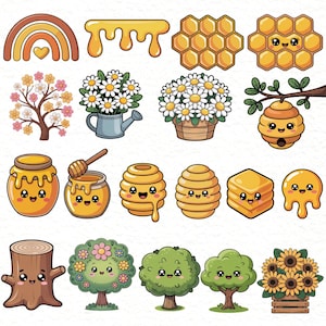 May include: A collection of cartoon illustrations featuring a rainbow, honey, beehives, flowers, trees, and honey pots. The illustrations are in a bright, cheerful style with smiling faces, perfect for stickers or digital art projects.