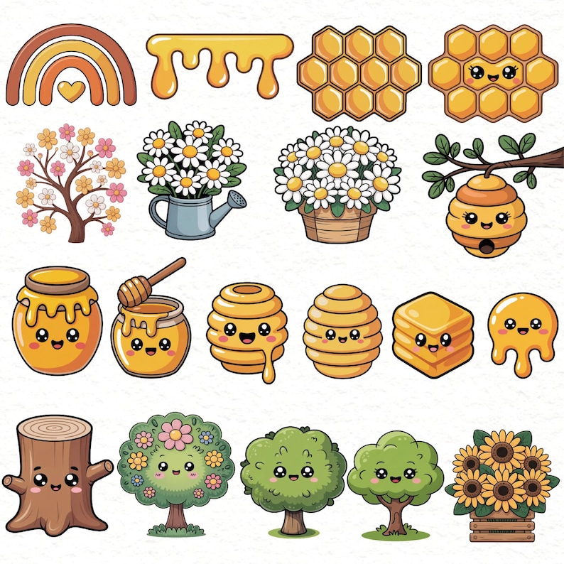 May include: A collection of cartoon illustrations featuring a rainbow, honey, beehives, flowers, trees, and honey pots. The illustrations are in a bright, cheerful style with smiling faces, perfect for stickers or digital art projects.