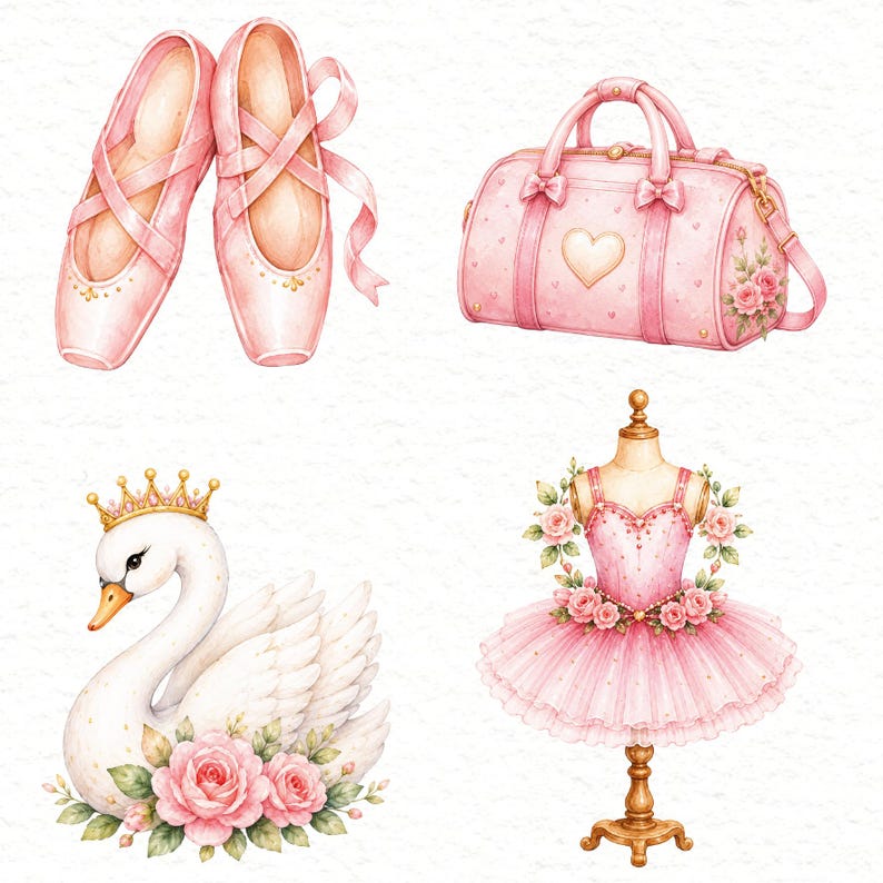 May include: A watercolor illustration set featuring a pair of light pink ballet slippers with ribbons, a pink duffel bag with a heart and rose motif, a white swan wearing a gold crown surrounded by pink roses, and a pink tutu on a dress form.