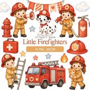 Può includere: Un set di clipart digitali intitolato Little Firefighters con illustrazioni ad acquerello di bambini in uniforme da vigile del fuoco, un dalmata, un camion dei pompieri, un idrante, una scala, un kit di pronto soccorso e festoni decorativi.