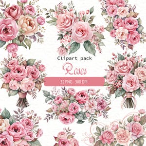 May include: A selection of watercolour rose bouquets in pink, peach, and cream, with green foliage. The image includes the text "Clipart pack Roses" and "32 PNG - 300 DPI". These floral arrangements are ideal for digital art projects.