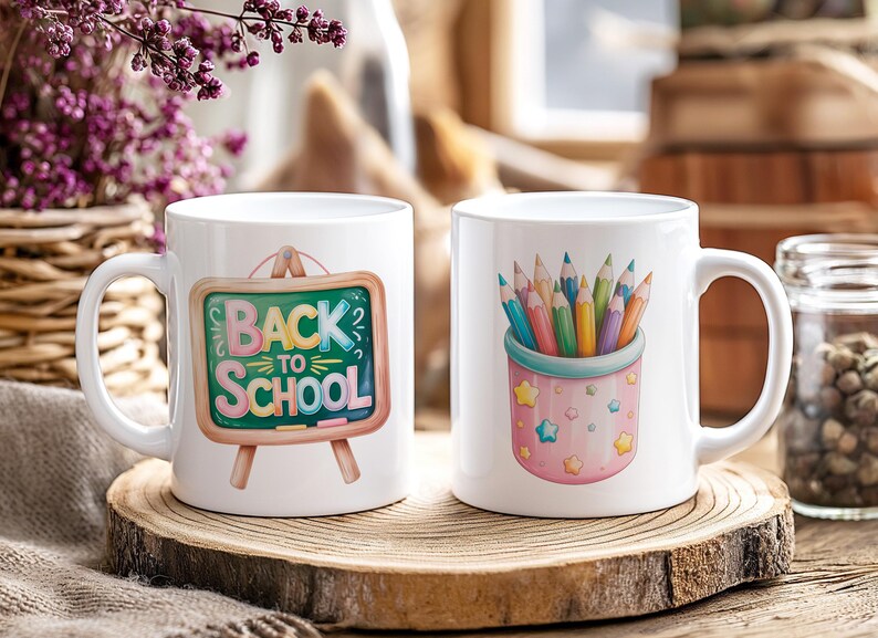 Puede incluir: Dos tazas de cer&aacute;mica blanca con dise&ntilde;os escolares. Una taza presenta una pizarra con el texto "BACK TO SCHOOL". La otra taza muestra un portal&aacute;pices lleno de l&aacute;pices de colores. Ambas tazas est&aacute;n sobre una superficie de madera.