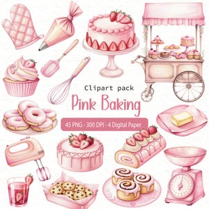 Puede incluir: Ilustración en acuarela de artículos de repostería rosa. Incluye un pastel, cupcakes, donas, un rodillo, un batidor, una batidora y una balanza. El texto "Pink Baking" se muestra en rosa.