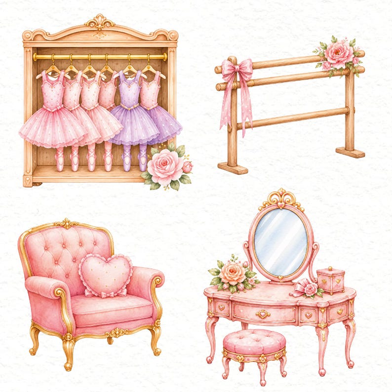 May include: A collection of illustrations featuring a wooden wardrobe with pink and purple tutus on hangers, a wooden ballet barre with a pink bow and roses, a pink tufted armchair with a heart-shaped pillow, and a pink vanity with a mirror and stool.