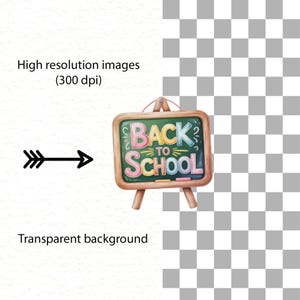 Puede incluir: Ilustraci&oacute;n de una pizarra colorida de "Back to School". La pizarra es verde con un marco y soporte de madera. El texto "BACK TO SCHOOL" est&aacute; escrito en rosa, amarillo y azul. Una flecha apunta hacia la pizarra.