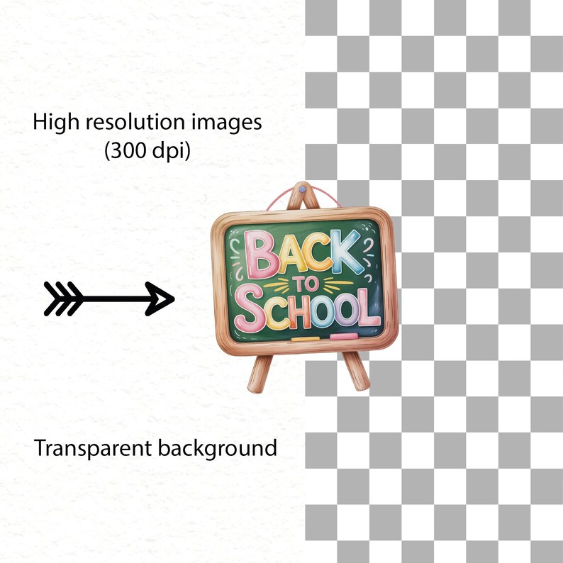 Puede incluir: Ilustraci&oacute;n de una pizarra colorida de "Back to School". La pizarra es verde con un marco y soporte de madera. El texto "BACK TO SCHOOL" est&aacute; escrito en rosa, amarillo y azul. Una flecha apunta hacia la pizarra.