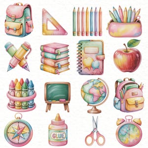 Puede incluir: Ilustraci&oacute;n en acuarela de &uacute;tiles escolares, que incluyen una mochila, l&aacute;pices, una regla, un estuche, bol&iacute;grafos, libros, un cuaderno, una manzana, crayones, una pizarra, un globo terr&aacute;queo, una br&uacute;jula, pegamento, tijeras y un reloj.
