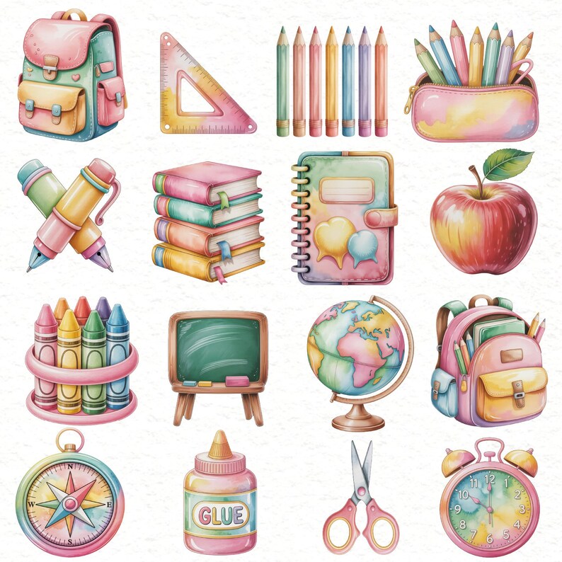 Puede incluir: Ilustraci&oacute;n en acuarela de &uacute;tiles escolares, que incluyen una mochila, l&aacute;pices, una regla, un estuche, bol&iacute;grafos, libros, un cuaderno, una manzana, crayones, una pizarra, un globo terr&aacute;queo, una br&uacute;jula, pegamento, tijeras y un reloj.