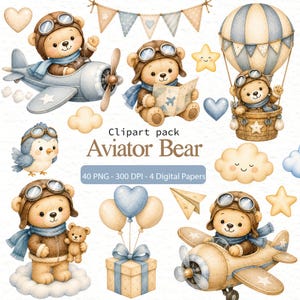 Flygare Clipart Bundle PNG | Söt pilot nallebjörn akvarell Clipart | Baby Boy Barnrumsdekor | Flygplansbjörn Clipart