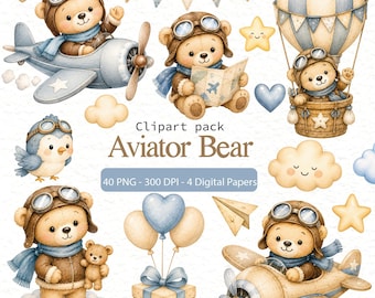 Paquete de imágenes prediseñadas de oso aviador PNG | Imágenes prediseñadas de oso de peluche piloto lindo en acuarela | Decoración para habitación de bebé niño | Imágenes prediseñadas de oso avión