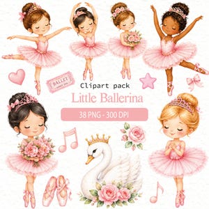 Pode incluir: Uma coleção de clipart digital com seis ilustrações de jovens bailarinas em tutus cor-de-rosa e tiaras, um cisne branco com uma coroa dourada, rosas cor-de-rosa, sapatilhas de ballet, um coração, uma estrela, um laço e notas musicais.