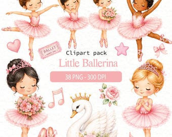 Paquete de imágenes prediseñadas de bailarinas en formato PNG | Imágenes prediseñadas de ballet en acuarela | Lindas bailarinas | Kit digital de ballet rosa | Imágenes prediseñadas para fiestas de ballet