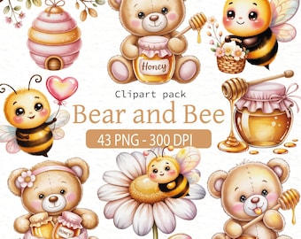Watercolor Bee and Bear Clipart Set, Cute Honey Bear PNG, Bumble Bee Nursery Graphics, Baby Shower Decor, Teddy Bear and Bee Illustration