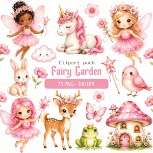 Puede incluir: Un paquete de imágenes prediseñadas titulado Fairy Garden que incluye ilustraciones de hadas con vestidos rosas, un unicornio, un conejo, un ciervo, una rana con corona, un pájaro rosa, una casa de setas, una varita de estrella, una mariposa y flores rosas.