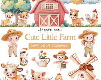 Cute Little Farm Clipart Set PNG | Baby Farm Animals Pastel Digital Kit for Kids