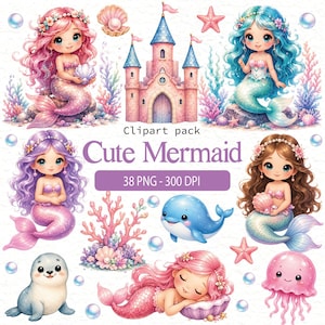 Paquete de imágenes prediseñadas de sirenas, linda sirena PNG, imágenes prediseñadas de sirenas en acuarela, animales marinos, papel digital bajo el mar, uso comercial.