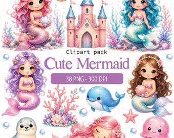 Mermaid Clipart Bundle, Cute Mermaid PNG, Watercolor Mermaid Clipart, Ocean Animals, Under the Sea Digital Paper, Commercial Use