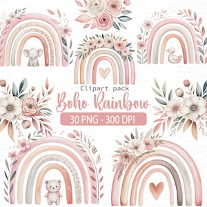 Pode incluir: Uma coleção de cliparts em aquarela com arco-íris boho, arranjos florais e ilustrações de animais fofos. Os elementos de design incluem cores pastel suaves, flores e o texto "Boho Rainbow" e "30 PNG - 300 DPI".