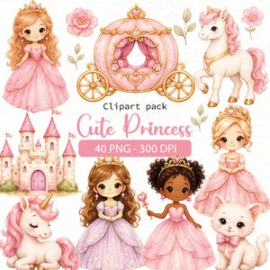 Pode incluir: Uma coleção de clipart digital com ilustrações de princesas em vestidos rosa e roxo, uma carruagem dourada, um castelo rosa, um unicórnio, um pônei e um gatinho branco. O texto diz Clipart pack Cute Princess 40 PNG - 300 DPI.