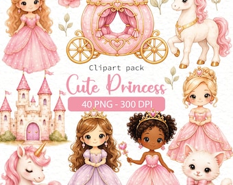 Paquete de imágenes prediseñadas de princesas adorables en formato PNG | Princesas en acuarela, castillo, unicornio, carruaje, corona, decoración infantil, descarga instantánea.
