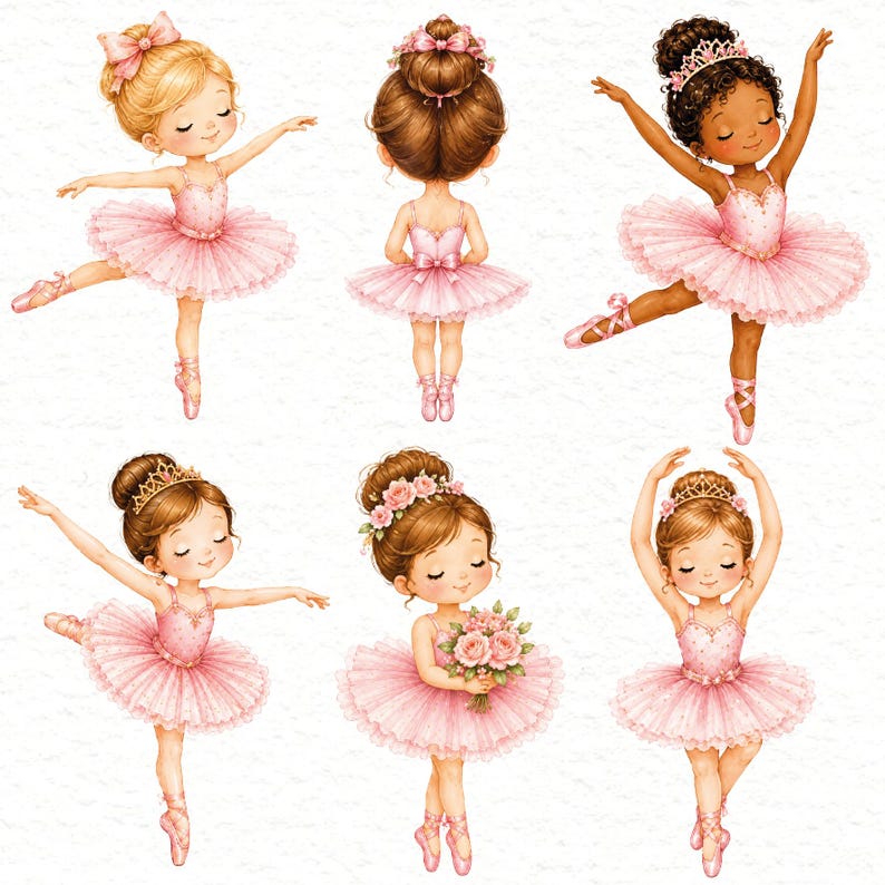 May include: A collection of six illustrations featuring young dancers in pink tulle tutus and ballet slippers. The dancers have various hairstyles adorned with bows, tiaras, or flowers, and one figure holds a bouquet of pink roses in their hands.
