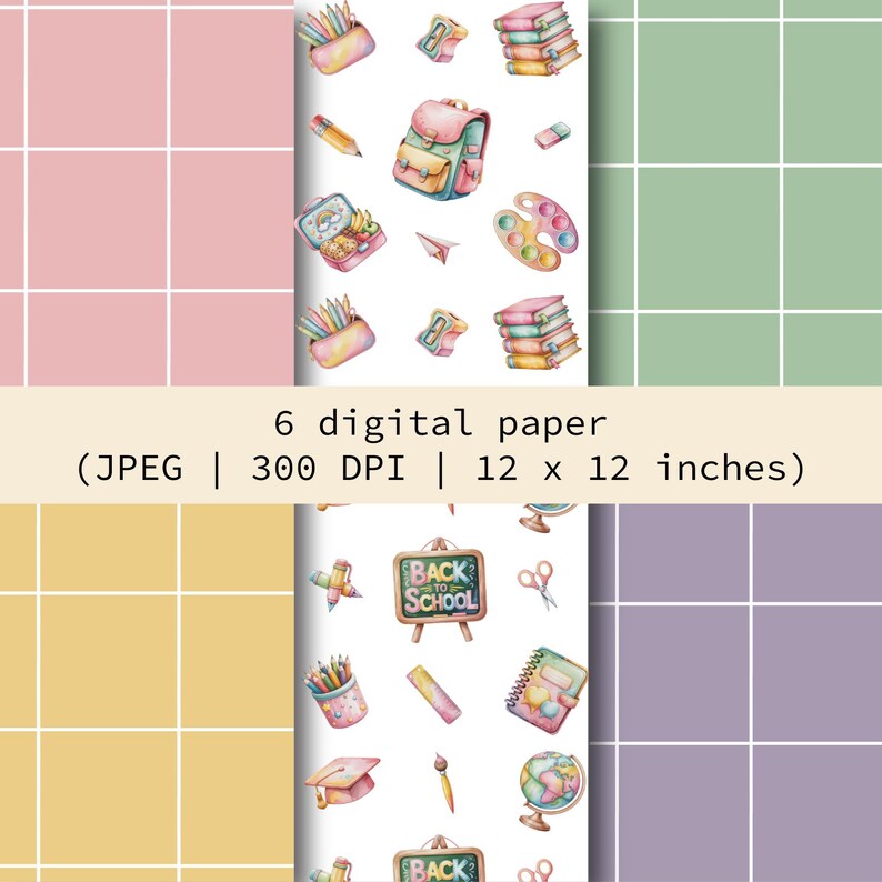 Puede incluir: Conjunto de papeles digitales de acuarela con ilustraciones escolares, incluyendo l&aacute;pices, mochilas y libros. La imagen incluye el texto "6 digital paper (JPEG | 300 DPI | 30,48 x 30,48 cm)" y "Back to School" en una pizarra.